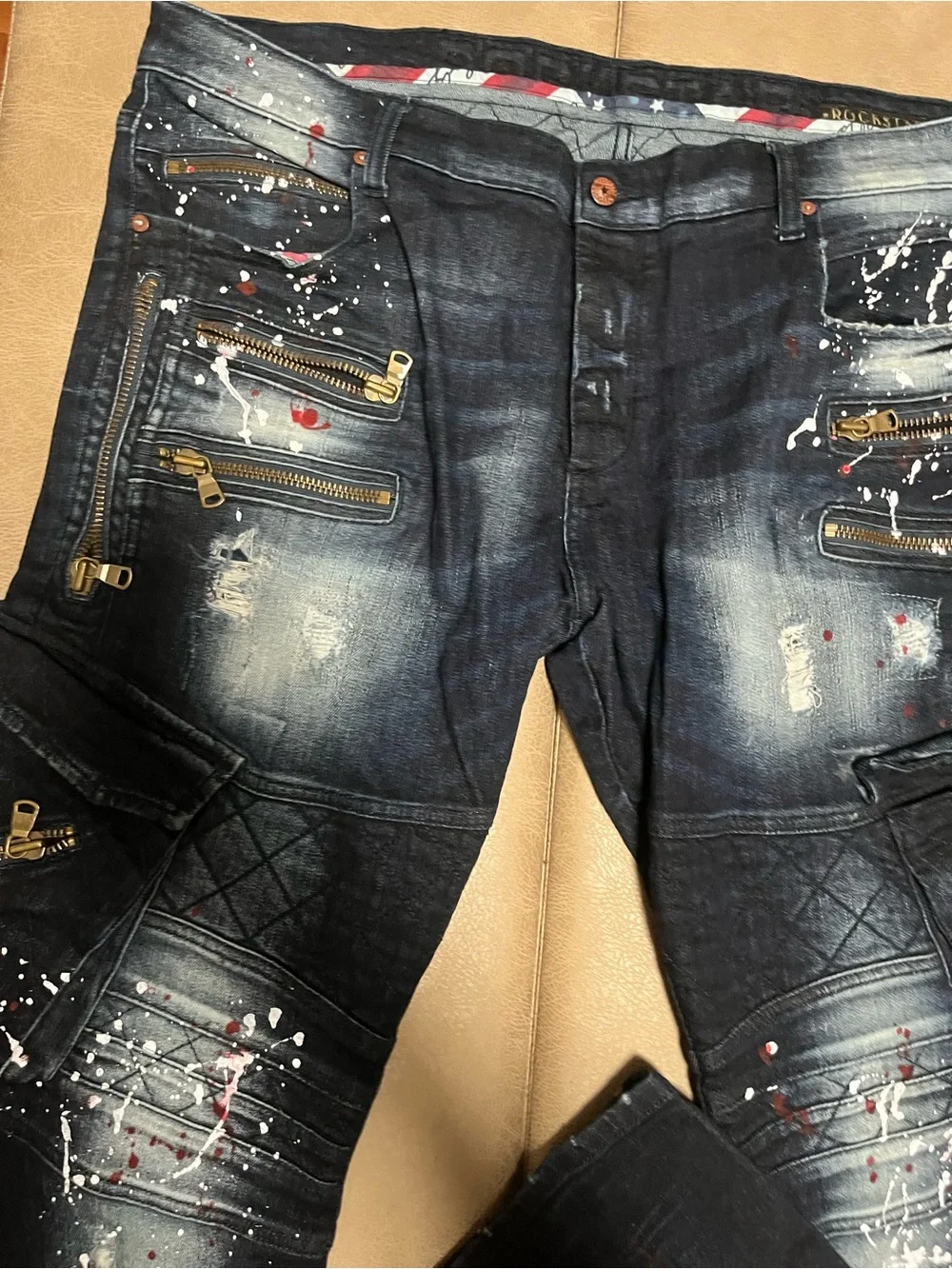 Rockstar Men's Dark Blue Distressed Paint-Splatter Jeans size 40